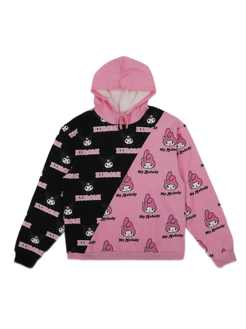 Bioworld Sanrio Kuromi & My Melody Repeat Split Unisex Adult Graphic Hoodie-XL Pink
