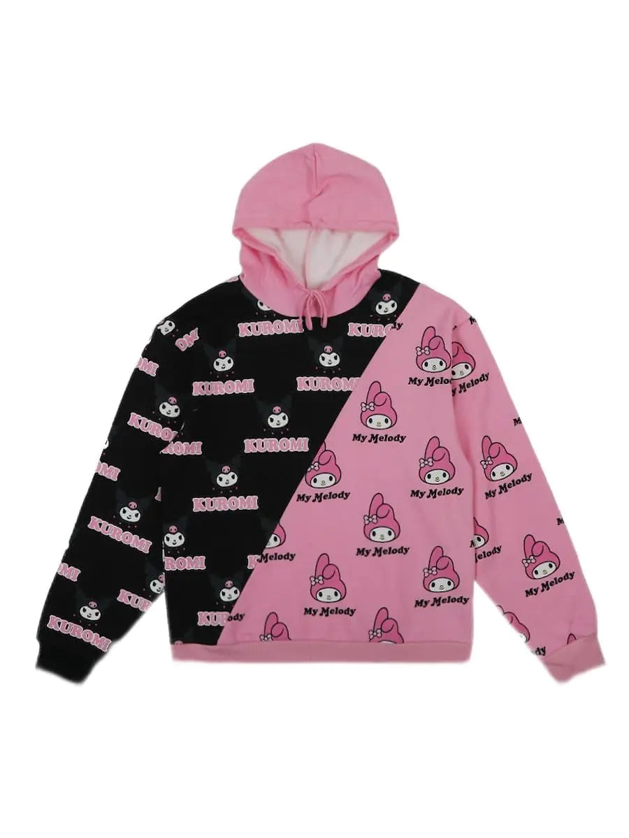 Bioworld Sanrio Kuromi & My Melody Repeat Split Unisex Adult Graphic Hoodie-XL Pink
